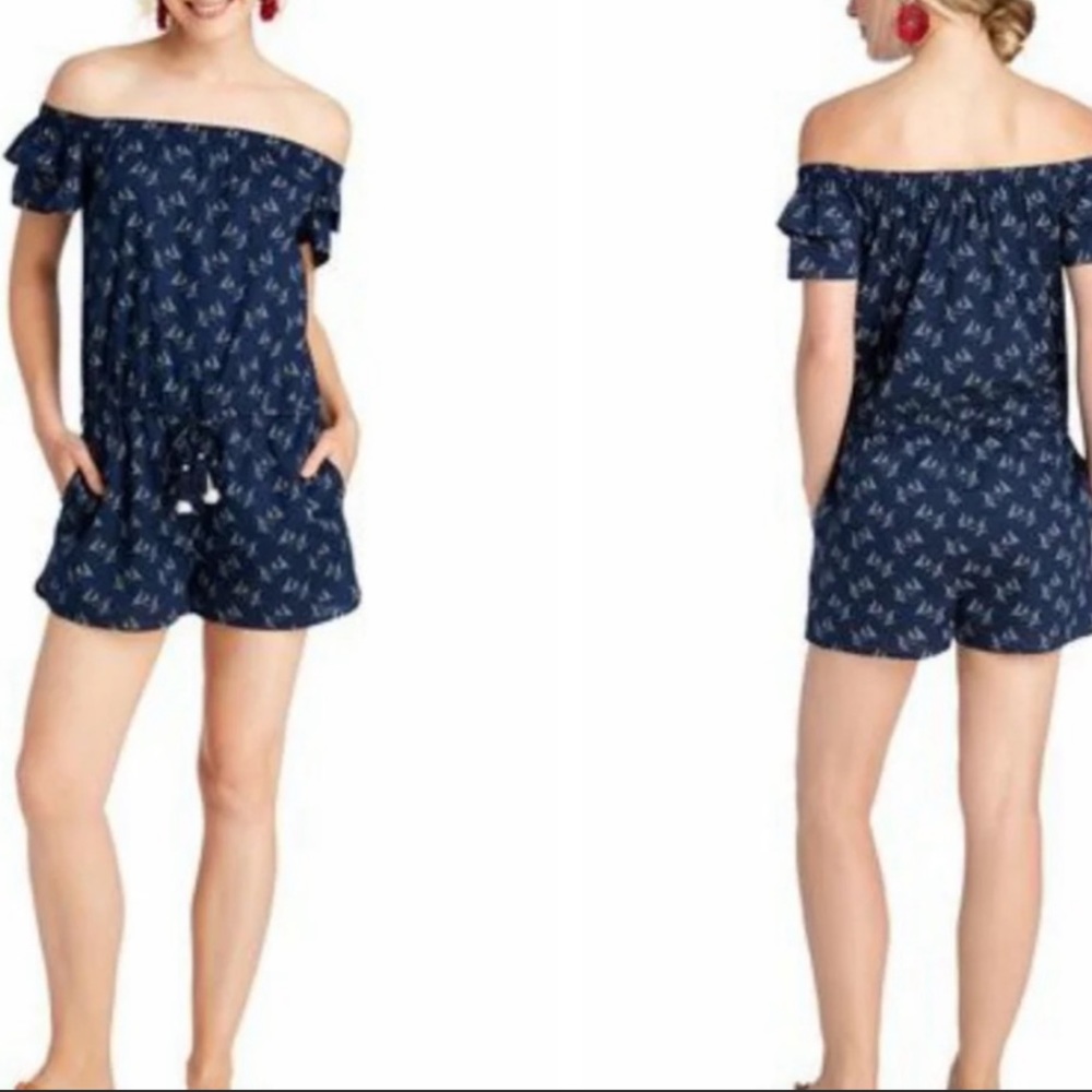NWT Vineyard Vines Sailboat Print Off The Shoulder Jumper Ruffle Navy Sz M